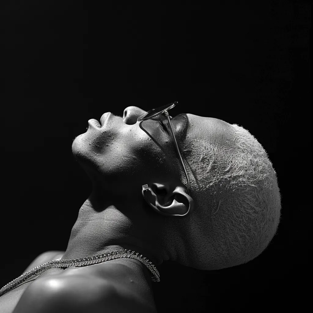 Fotografía en blanco y negro de un hombre de cabello corto y claro, con gafas de sol redondas, cabeza inclinada hacia atrás, torso desnudo con una cadena fina, sobre fondo negro con iluminación lateral.