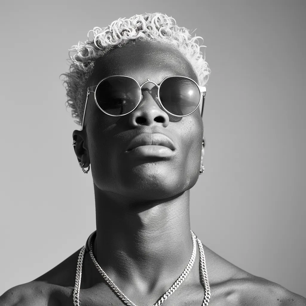 Fotografía en blanco y negro de un joven de cabello rizado claro y gafas de sol redondas, mirando hacia arriba, con varias cadenas al cuello, torso desnudo, sobre fondo gris de estudio.