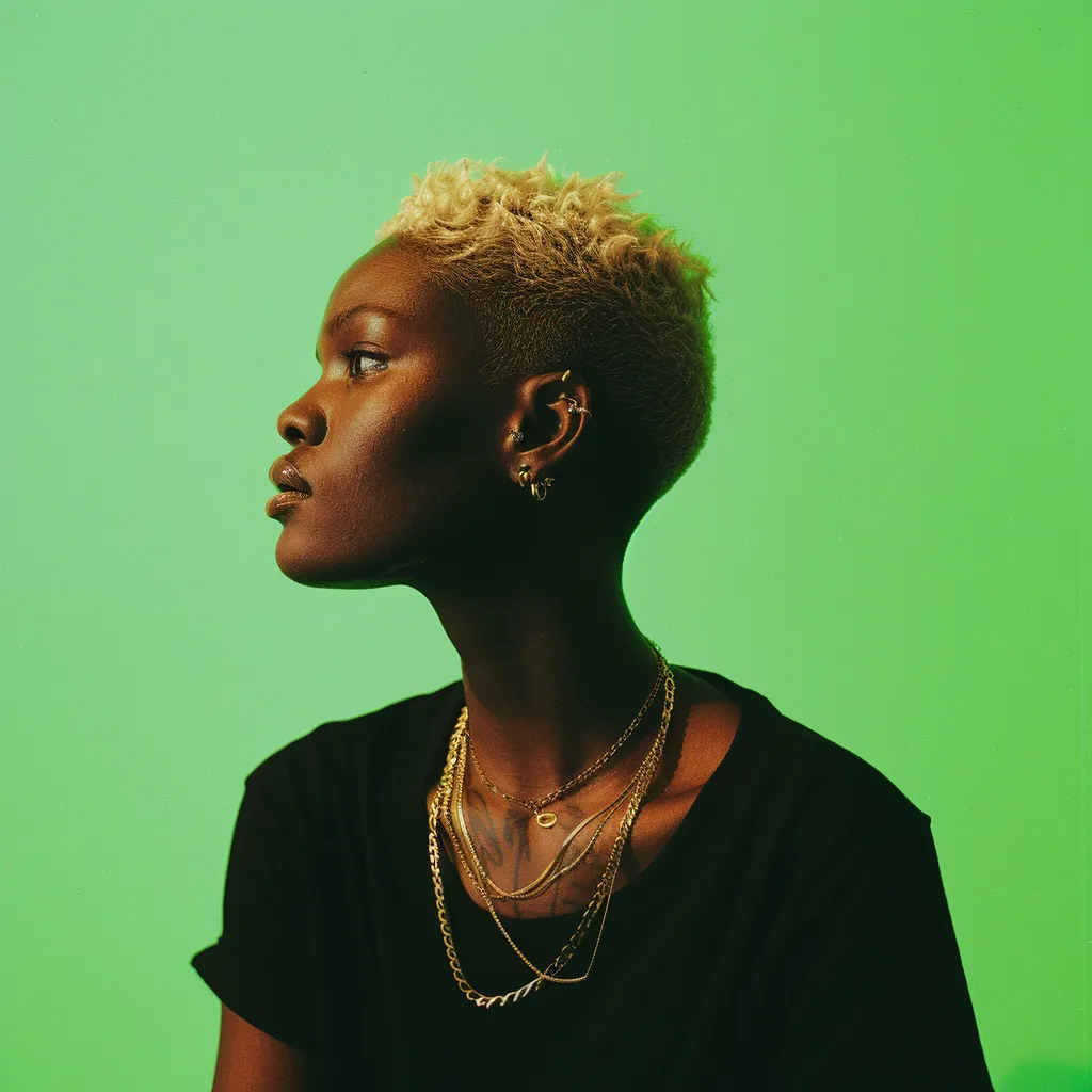 Retrato de perfil de una mujer de cabello corto rizado decolorado en rubio, con varios collares dorados superpuestos sobre una camiseta negra, sobre fondo verde, con luz cálida sobre el rostro.
