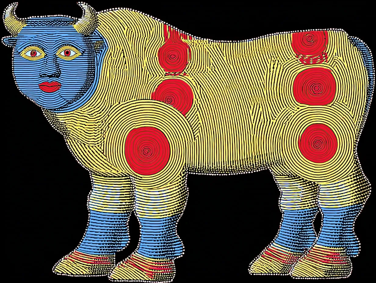 Ilustración de estilo folclórico de un animal con cabeza azul y cuernos, cuerpo amarillo con textura de líneas y círculos rojos concéntricos, patas azules con pezuñas rojas, sobre fondo negro.