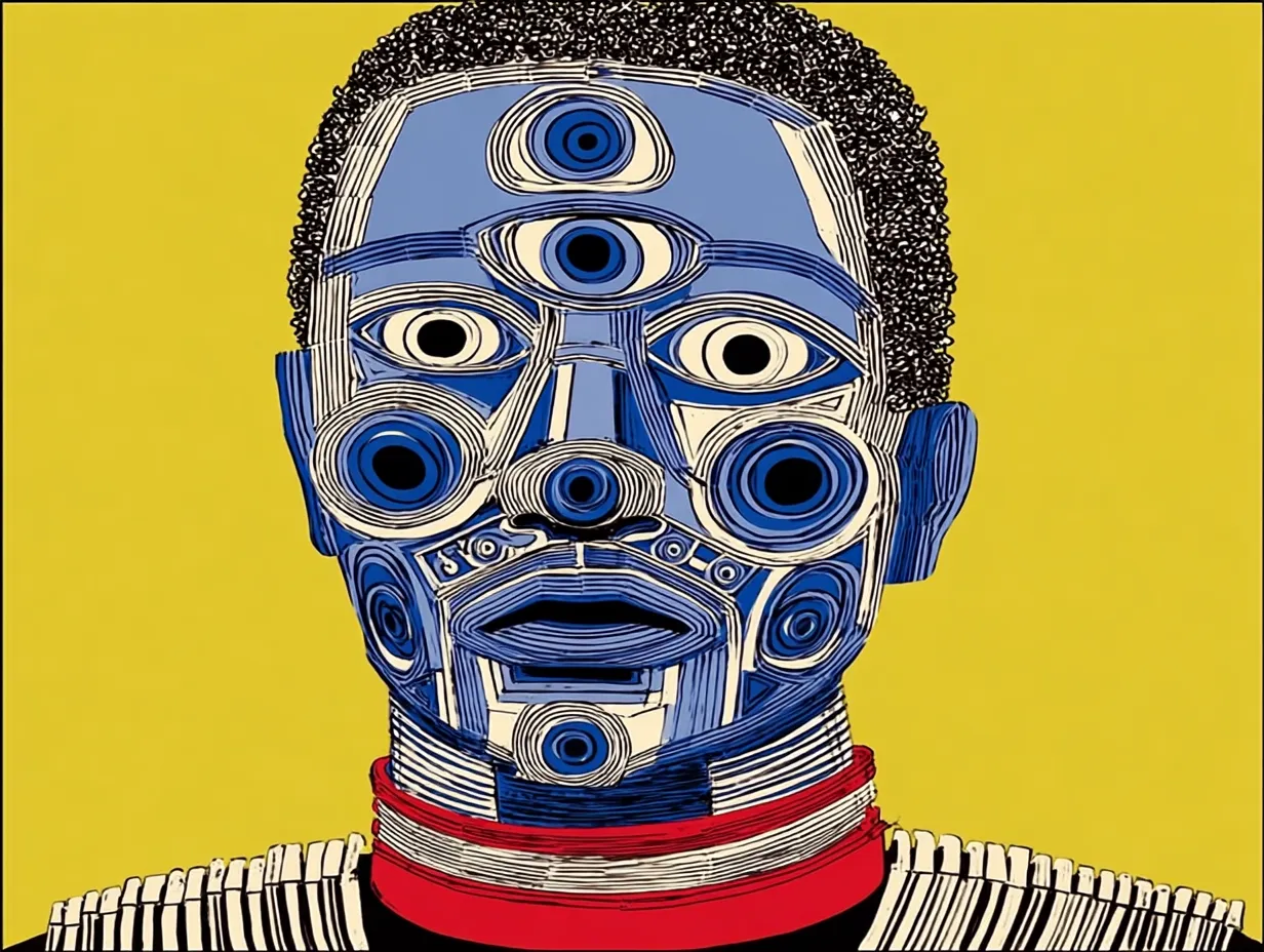 Ilustración de estilo folclórico de un rostro azul con múltiples ojos concéntricos dispuestos en el rostro, fondo amarillo, cuello rojo, cabello y ropa con textura de líneas negras.