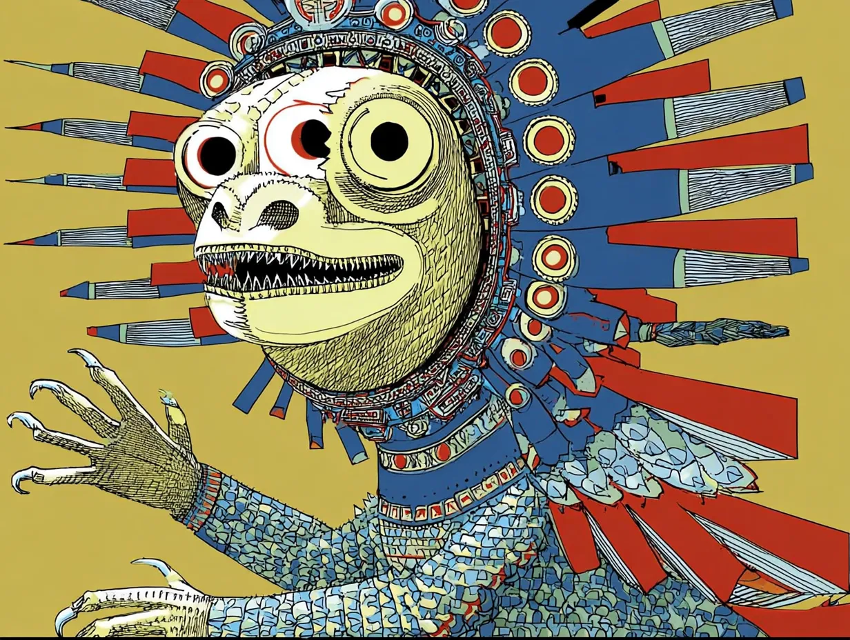Ilustración de estilo folclórico de una criatura con rostro verdoso de tres ojos y colmillos, tocado radial de picos rojos y azules, cuerpo escamoso, con una garra extendida, fondo amarillo.