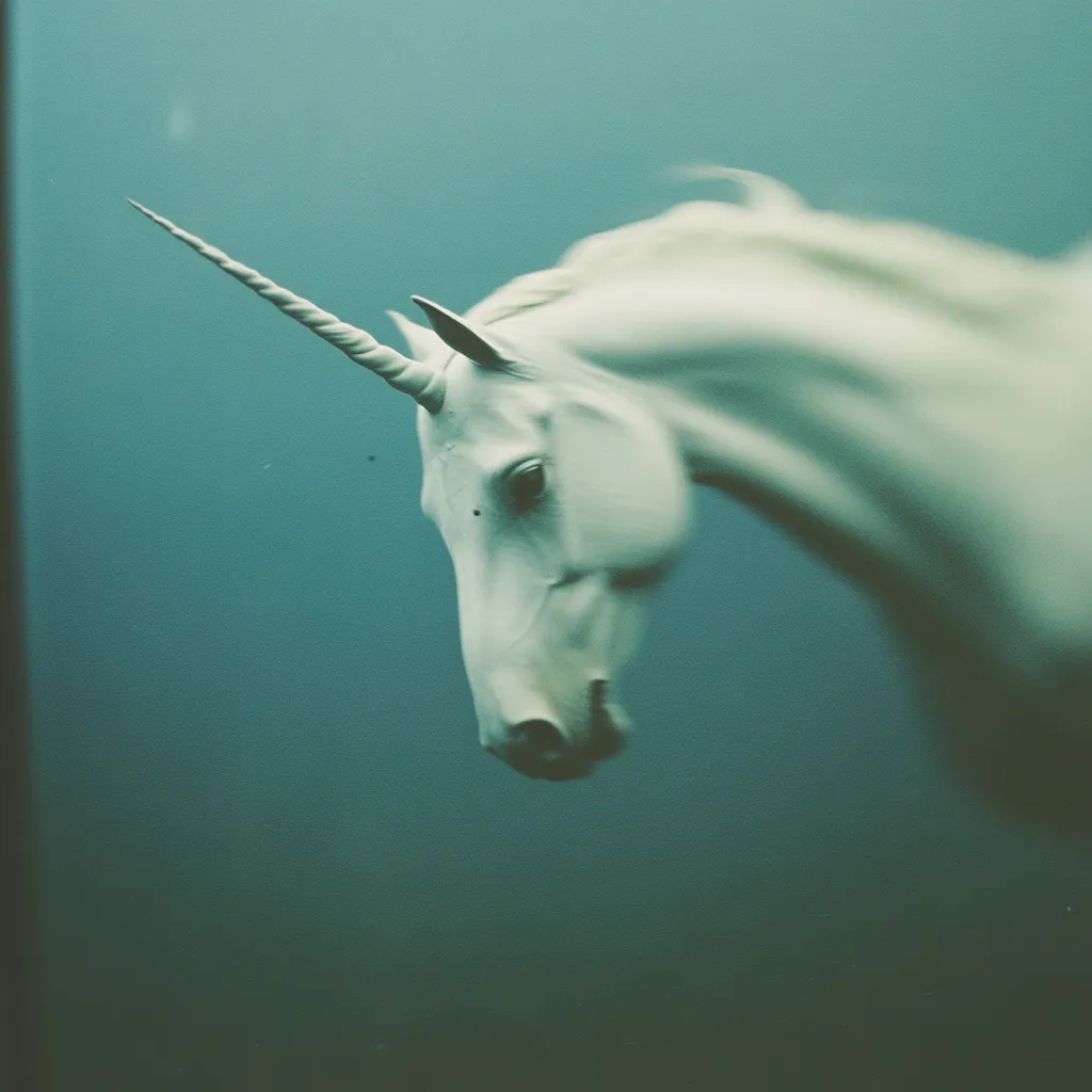 Fotografía borrosa de la cabeza de un unicornio blanco con crin larga y cuerno en espiral, sobre fondo verde azulado difuminado.