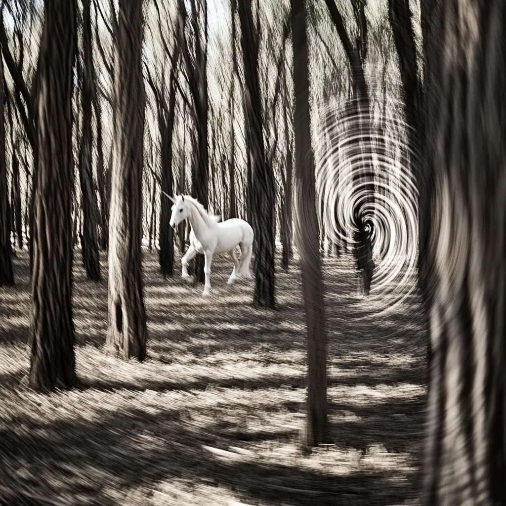 Fotografía de un unicornio blanco caminando entre árboles oscuros en un bosque, con desenfoque de movimiento en los troncos y un efecto de remolino circular a la derecha.