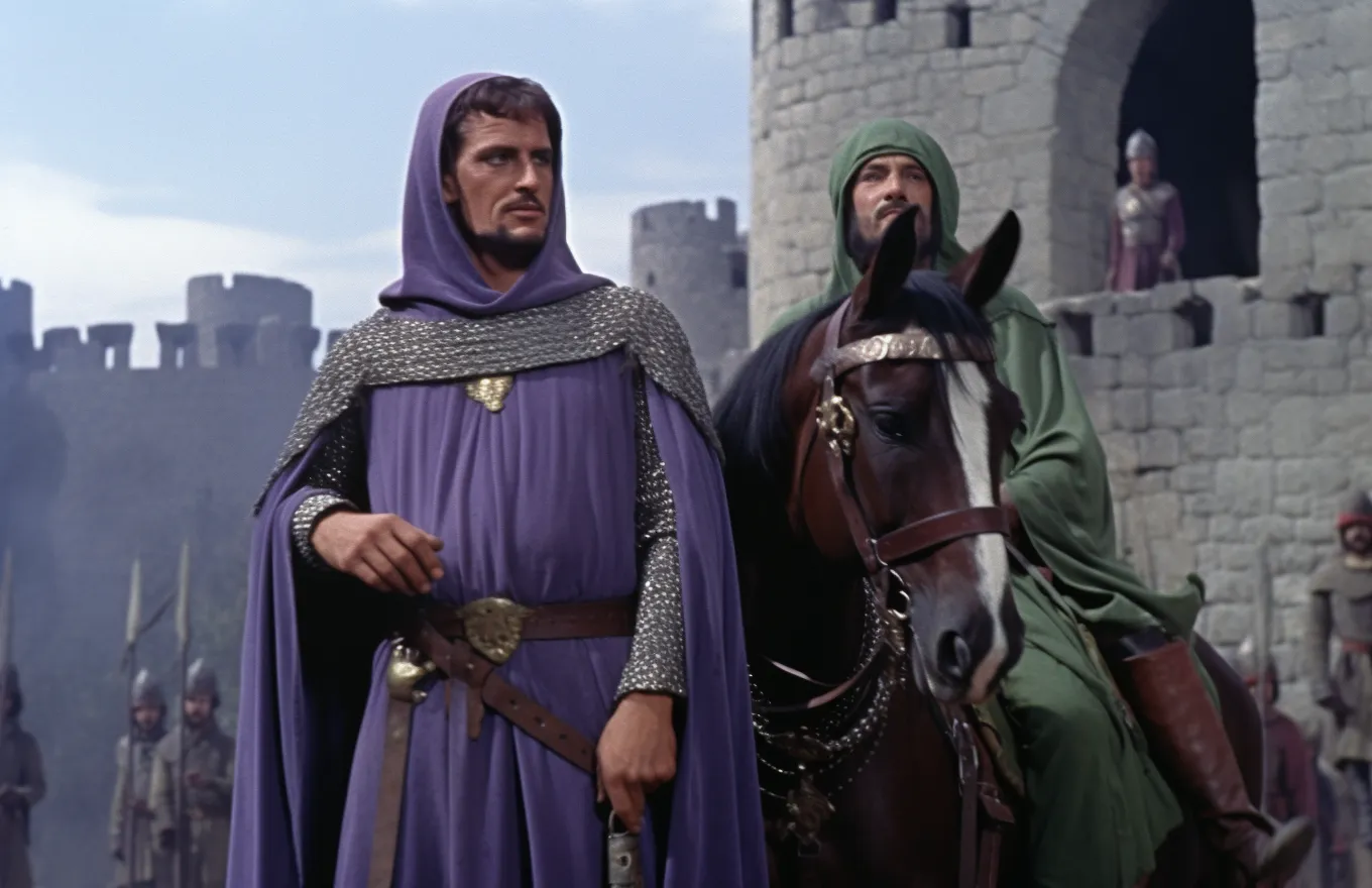Fotografía de dos hombres vestidos con atuendo medieval, uno con manto púrpura y cota de malla de pie junto a un caballo montado por otro hombre con capa verde, frente a un castillo de piedra.