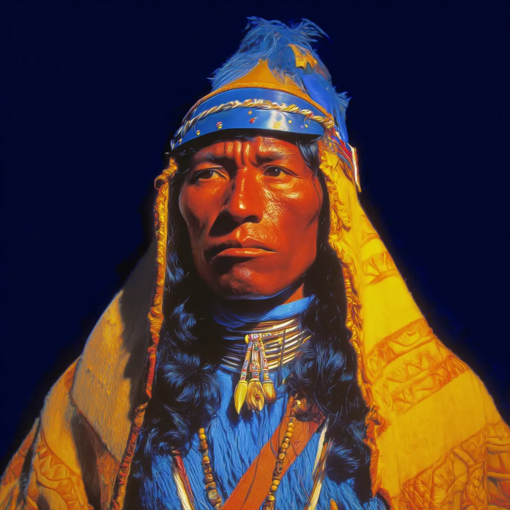 Retrato de un hombre con tocado de plumas rojas y blancas, fumando un cigarro enrollado a mano, con una vara de bambú al fondo, sobre fondo azul oscuro.