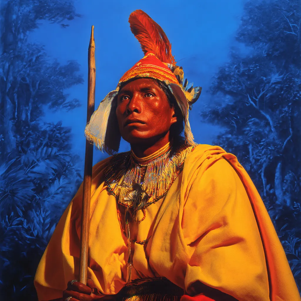 Retrato de un hombre con tocado de plumas rojas y una tela blanca colgante, capa amarilla y lanza de madera, sobre fondo azul con siluetas de árboles oscuros.