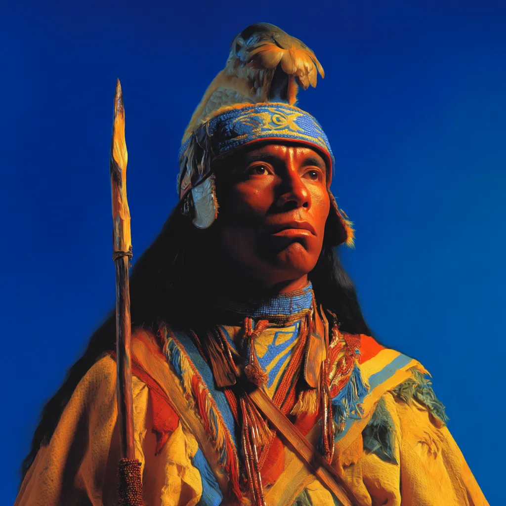 Retrato de un hombre con tocado de plumas, una pluma blanca sobresaliendo hacia arriba, collar de cuentas azules, iluminación cálida sobre fondo azul.