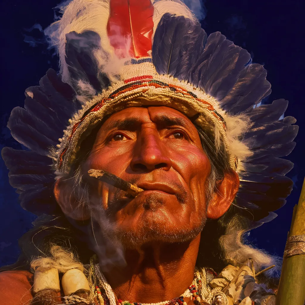 Retrato de un hombre con tocado de plumas rojas y bandas azules y blancas, sosteniendo una pipa junto a los labios, collar de cuentas, sobre fondo azul oscuro.