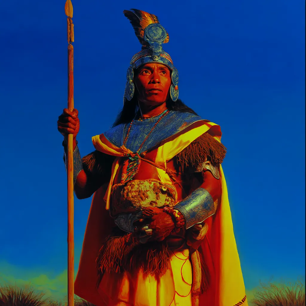 Retrato de cuerpo entero de un hombre con sombrero de paja de ala ancha adornado con una pluma, capa color crema sobre túnica bordada y botas claras, de pie sobre pasto al atardecer.