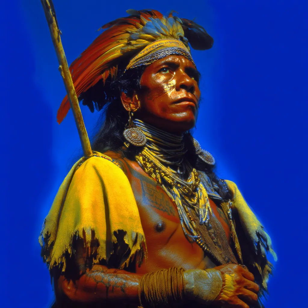 Retrato de cuerpo entero de un hombre con sombrero de paja, capa abierta que muestra el torso y taparrabo blanco, sosteniendo una lanza, de pie sobre fondo de cielo azul con una franja amarilla brillante en el horizonte.