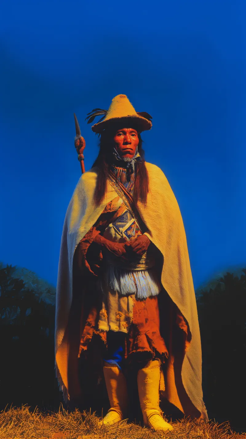 Retrato de un hombre con tocado de plumas rojas y amarillas, pintura facial en rayas azules, capa amarilla y collar con adorno de concha, sobre fondo azul oscuro.
