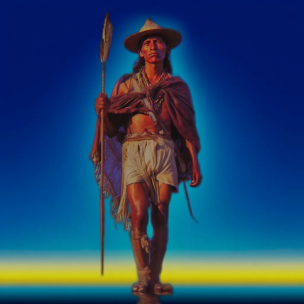 Retrato de un hombre con tocado de plumas, cabello largo trenzado, varios collares de cuentas con un colgante de hueso, iluminación cálida sobre fondo azul oscuro.