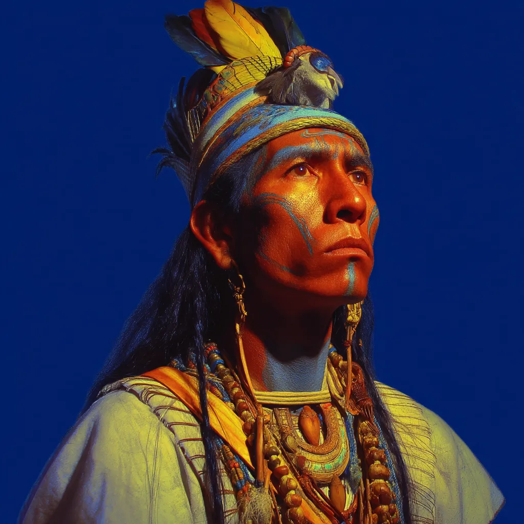 Retrato de un hombre con tocado de plumas amarillas y naranjas, pintura facial en una línea azul vertical sobre el rostro, capa clara y collares con colgante de concha, sobre fondo azul oscuro.