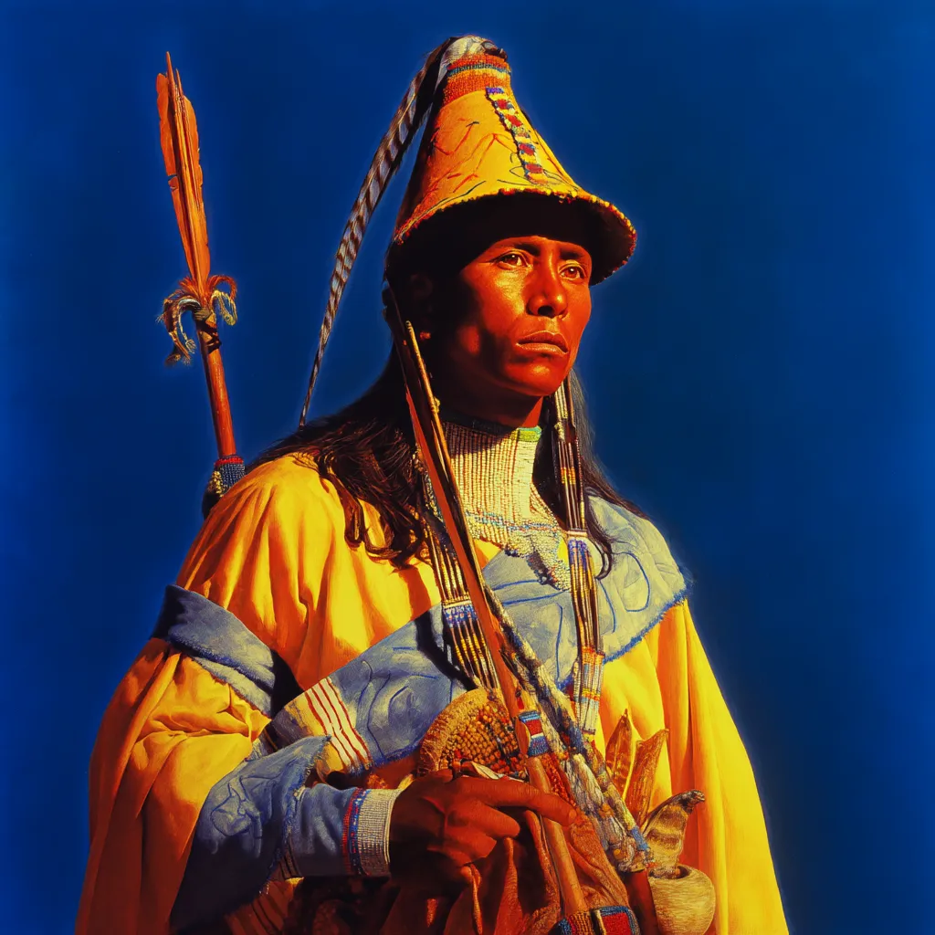 Retrato de cuerpo entero de un hombre con sombrero cónico, capa amarilla con bordado azul, una flecha atada al hombro con una cuerda, y collares de cuentas, sobre fondo de cielo azul.