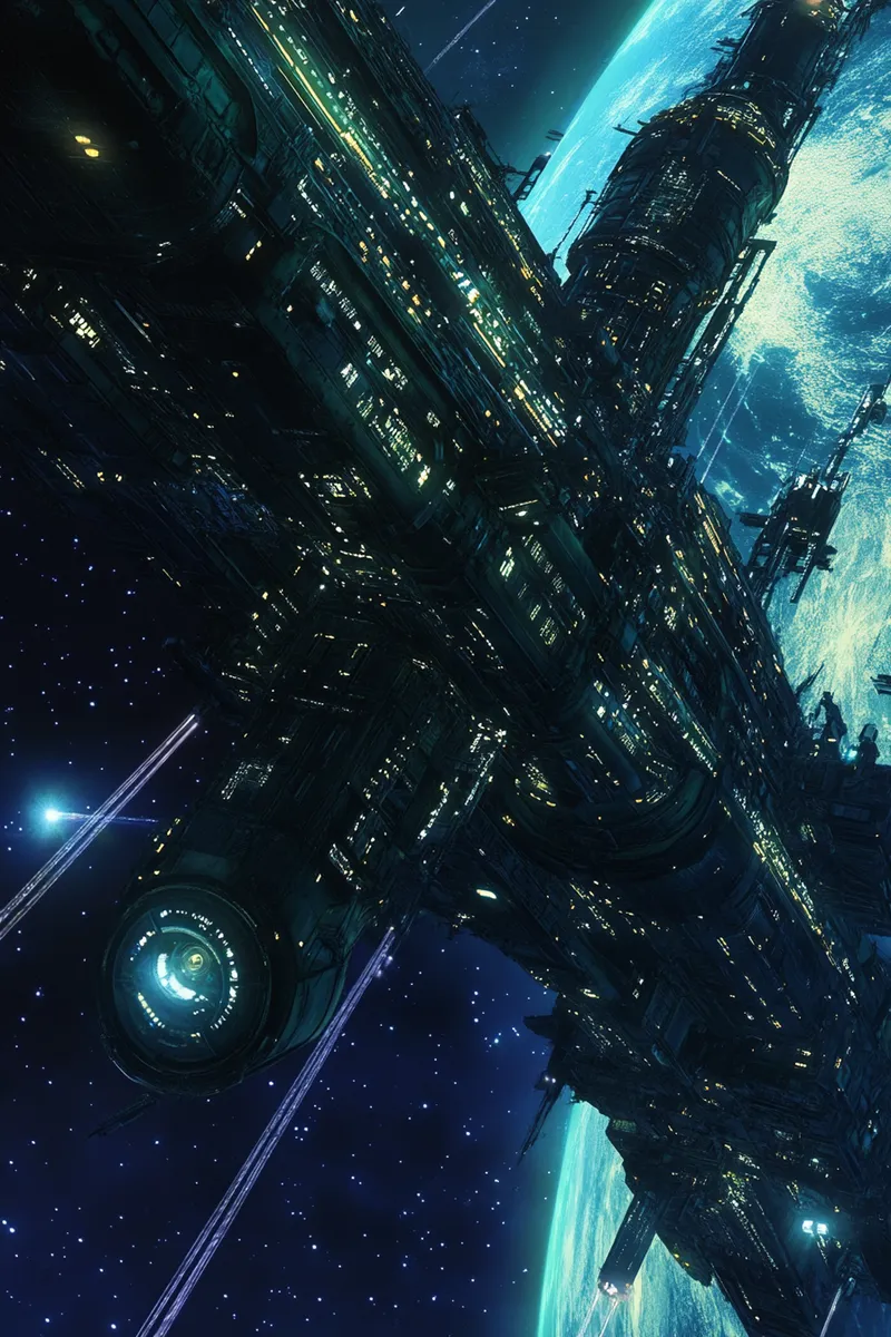 Ilustración de una enorme nave espacial futurista iluminada en tonos azules y verdes, con haces de luz atravesando la escena y el planeta Tierra visible al fondo entre las estrellas.