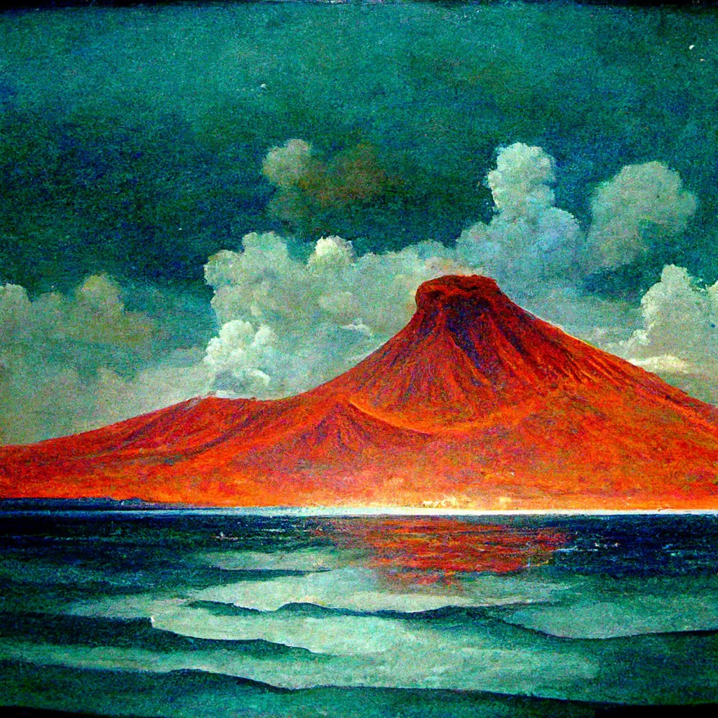 Pintura de un volcán de color rojo intenso rodeado de nubes blancas, bajo un cielo verde oscuro, con el mar en tonos verdes y azules en primer plano.
