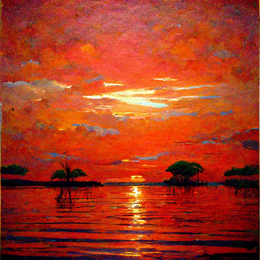 Pintura de un atardecer con el cielo en tonos naranja y rojo intenso, nubes iluminadas, siluetas de manglares en el horizonte y el reflejo del sol sobre el agua.