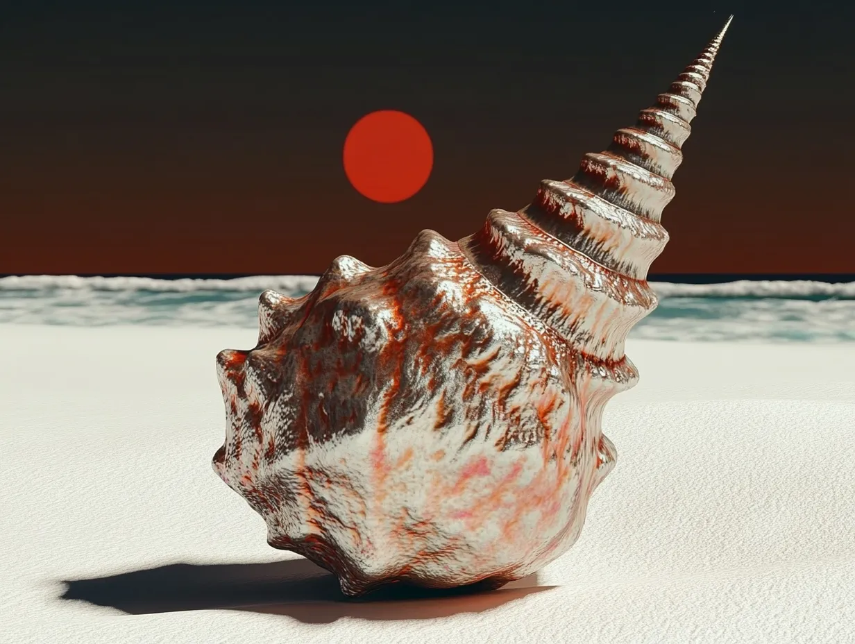 Concha marina blanca con vetas rojas y textura rugosa sobre arena, con olas de espuma blanca cerca y un sol rojo pequeño en un cielo oscuro.