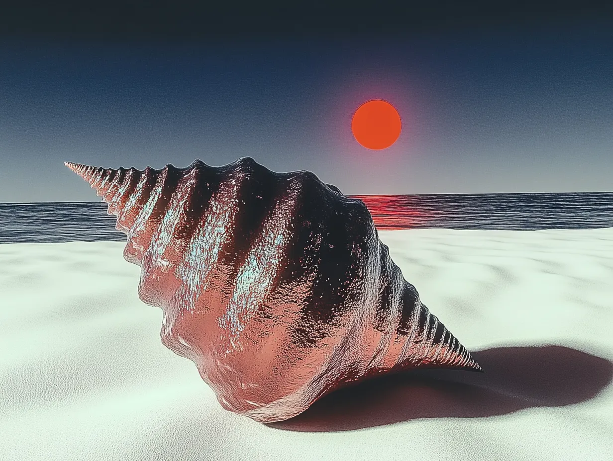Concha marina oscura con reflejos rosados y espinas puntiagudas sobre arena blanca, cielo azul oscuro con un sol rojo pequeño cerca del horizonte.