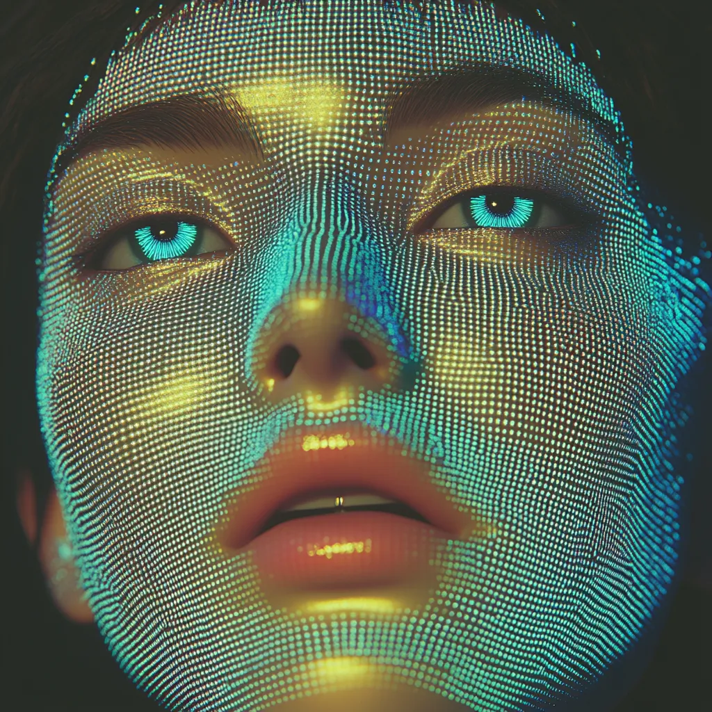 Retrato de un rostro femenino cubierto por una textura de puntos dorados y turquesas, con ojos claros y labios entreabiertos, sobre fondo oscuro.