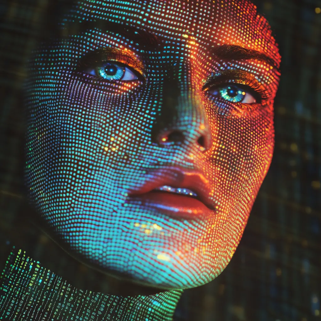 Retrato de un rostro femenino con textura de puntos digitales, la mitad derecha iluminada en tonos cobrizos y la izquierda en tonos turquesas, con ojos azules.