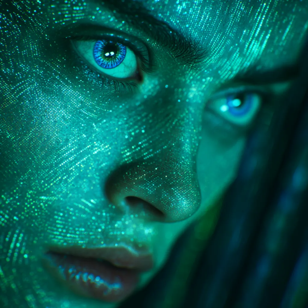 Retrato de un rostro femenino con textura de malla digital verde y turquesa, ojos azules intensos y mechones de cabello oscuro visibles a un lado.
