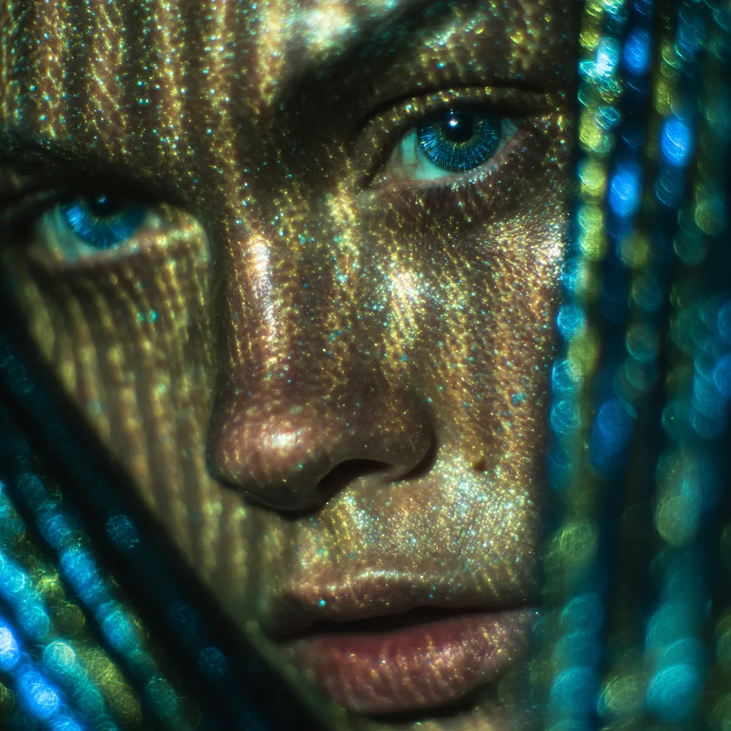 Retrato de un rostro femenino con textura de malla dorada y turquesa, ojos azules, parcialmente cubierto por franjas de sombra y luces azules desenfocadas.