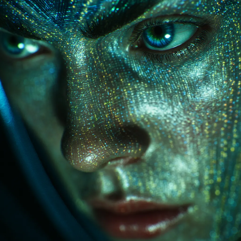 Retrato de un rostro femenino con textura de malla dorada y verde, mitad del rostro iluminada y mitad cubierta por tela azul oscura, ojos claros.