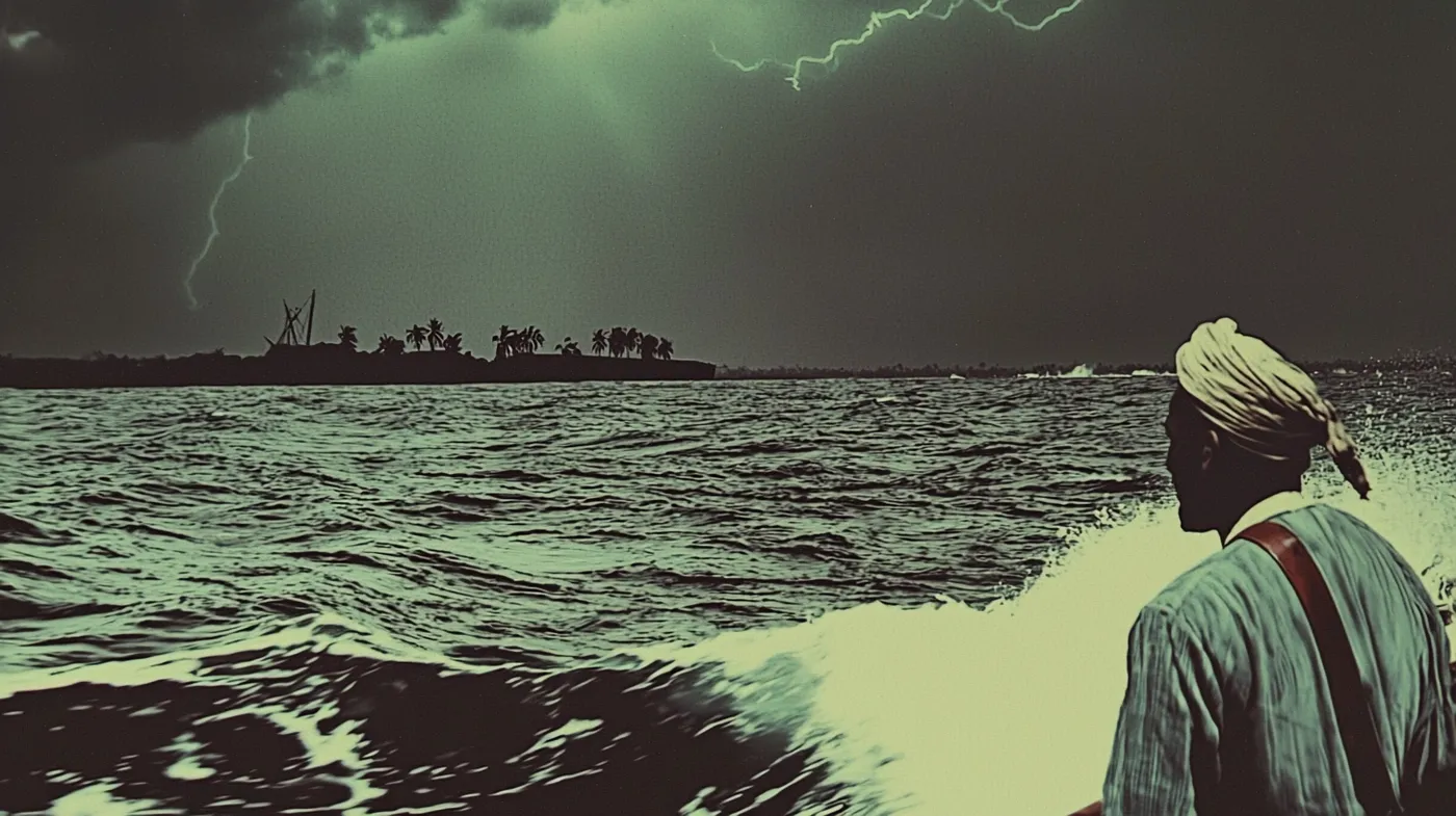 Hombre con turbante visto de espaldas sobre una embarcación, remando en un mar agitado durante una tormenta, con un rayo cayendo cerca de una isla con palmeras al fondo, en tonos verdosos oscuros.