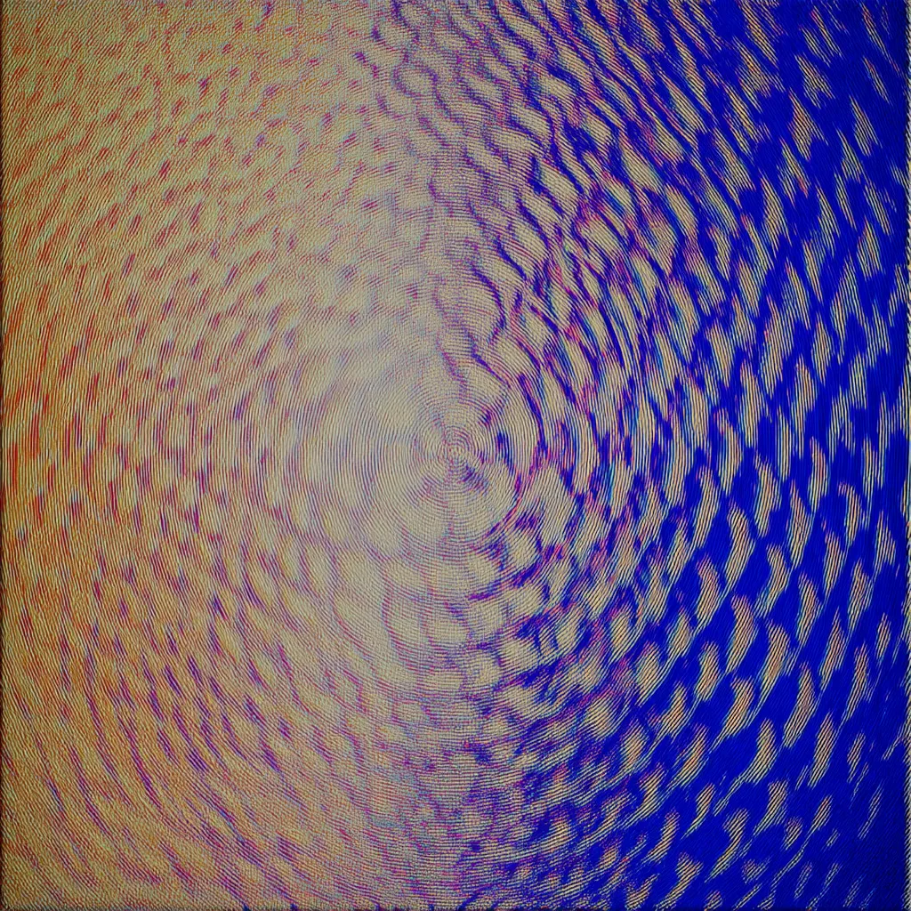 Pintura abstracta de pinceladas pequeñas dispuestas en arcos, que pasan de tonos crema y ocre a la izquierda a azul cobalto intenso a la derecha.
