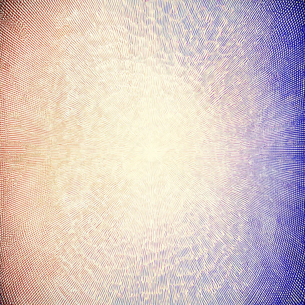 Textura abstracta con un centro claro luminoso del que irradian líneas finas hacia un lado rojo y otro azul, en un patrón circular.