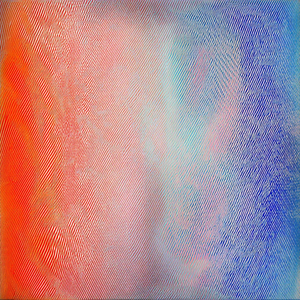 Textura abstracta de franjas diagonales borrosas, rojas y naranjas a la izquierda, azules a la derecha, separadas por una banda pálida central.