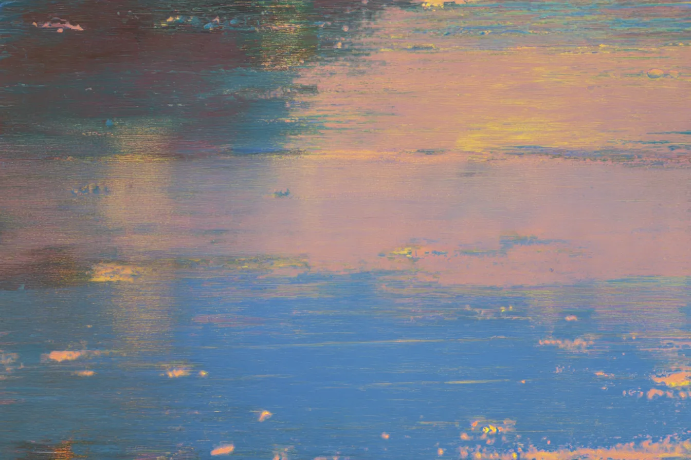 Pintura abstracta de campo de color con franjas horizontales, tonos rosados y dorados en la parte superior y azules en la parte inferior, con textura de pinceladas visibles.