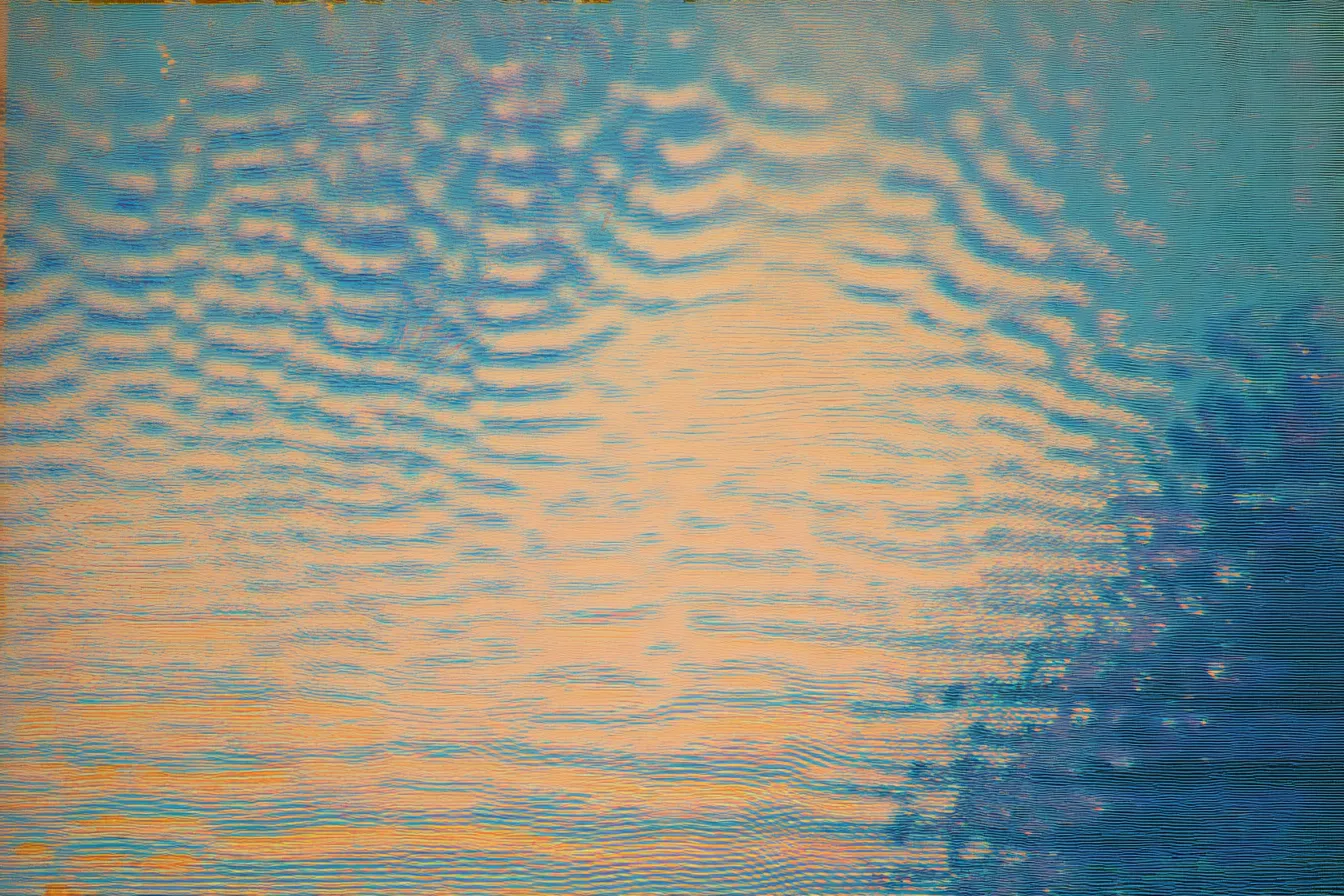 Textura abstracta de ondas azules alrededor de un resplandor central color durazno, con una zona oscura en la esquina inferior derecha.