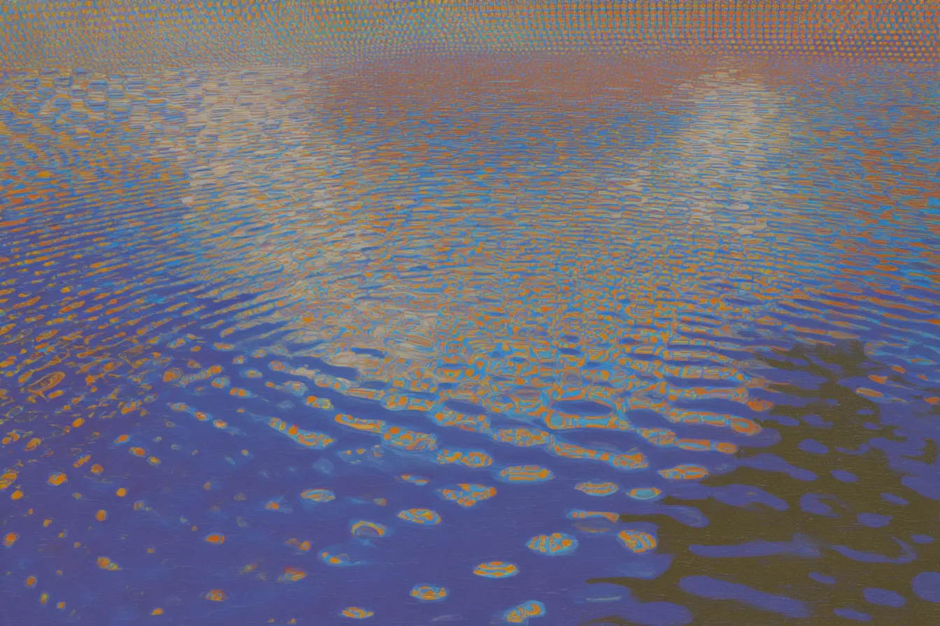 Superficie de agua con textura de puntos de colores, tonos naranjas y dorados en la parte superior que se transforman en azules y violetas hacia abajo, como una trama de semitono.