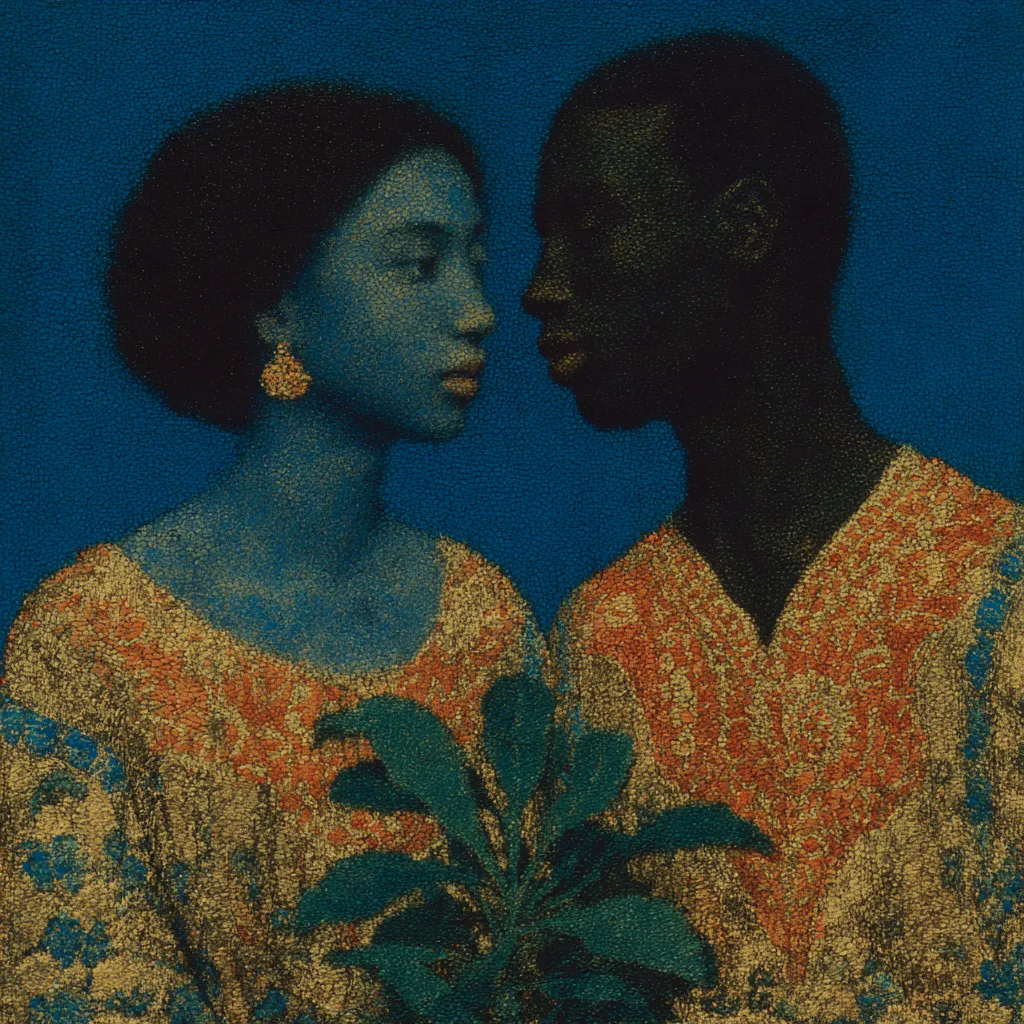 Retrato de una mujer y un hombre de piel oscura, de perfil y frente a frente, vestidos con ropa estampada en dorado y naranja sobre fondo azul oscuro, con una planta de hojas verdes entre ellos.