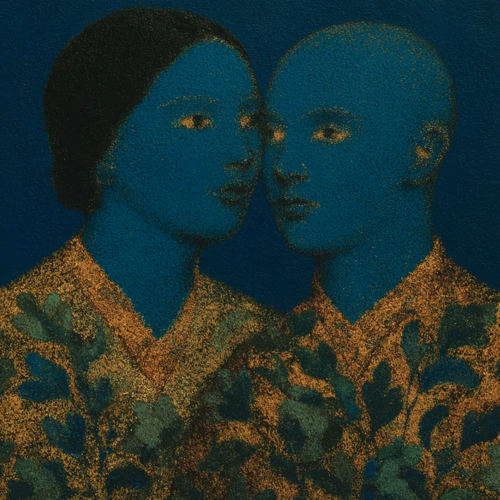 Retrato de una mujer de cabello negro corto y un hombre calvo, ambos con la piel pintada de azul oscuro, frente contra frente sobre fondo verde azulado, con ropa estampada en dorado y hojas verdes.