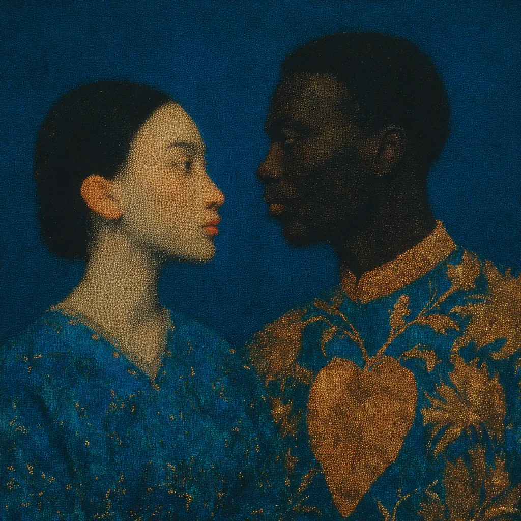Retrato de una mujer de piel clara y cabello oscuro junto a un hombre de piel muy oscura, sobre fondo azul, él con una prenda azul y un gran corazón dorado bordado en el pecho.