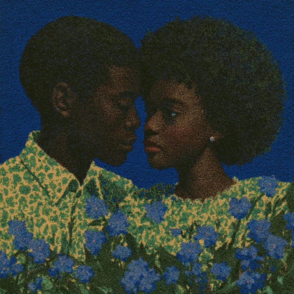 Retrato de una mujer y un hombre de piel oscura con peinados afro, ella con vestido floral amarillo y azul y arete de perla, él con camisa amarilla estampada, sobre fondo azul oscuro con flores azules en primer plano.