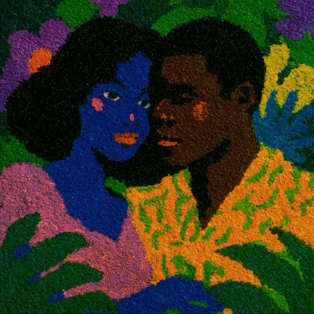 Retrato de una mujer de piel azulada con flores en el cabello y un hombre de piel morena, ambos rodeados de hojas de palma y flores moradas y naranjas, en un estilo de puntos de colores muy saturados.