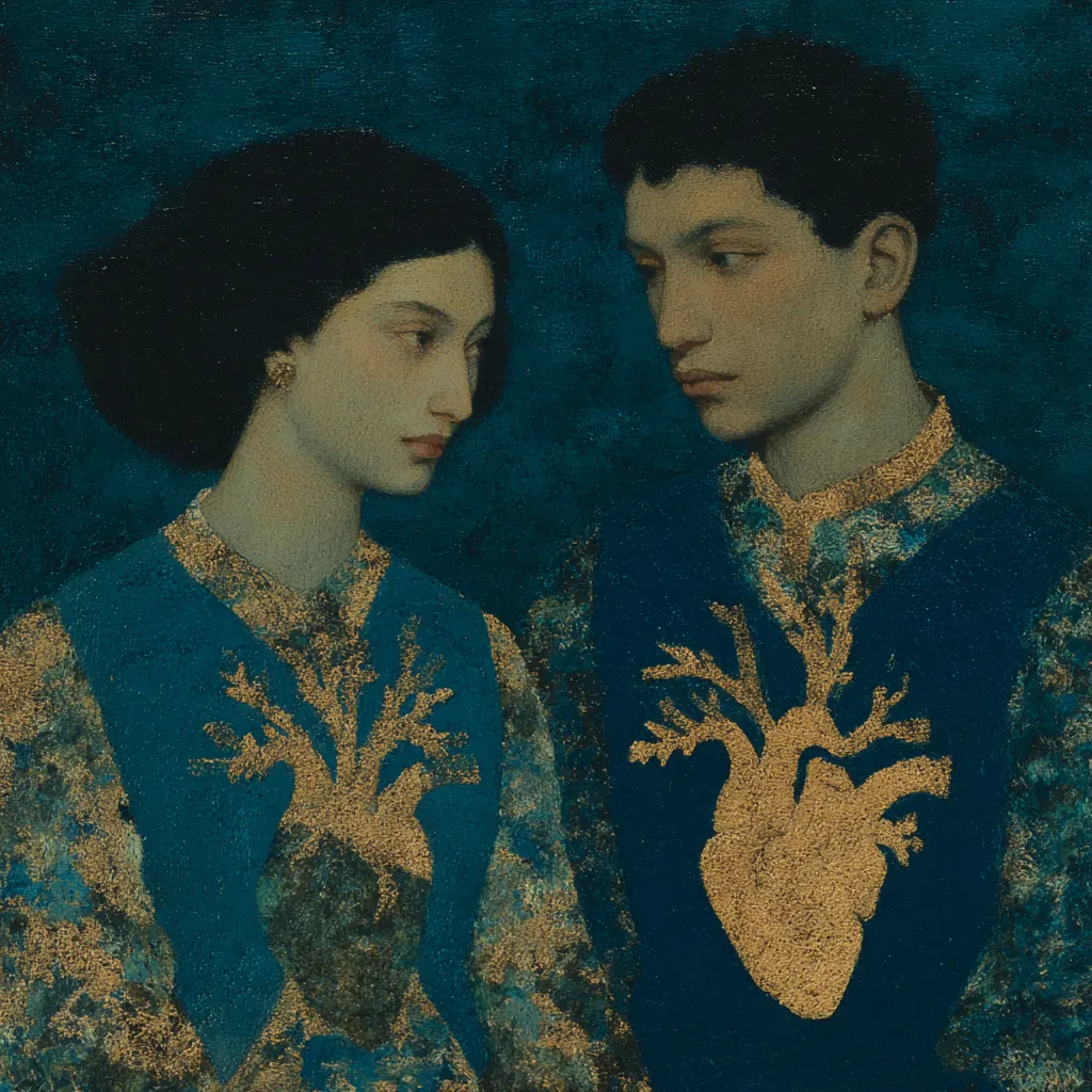 Retrato pintado de una mujer y un hombre de piel clara, ambos con un emblema dorado en forma de árbol bordado en el pecho de su ropa azul, sobre fondo verde azulado con textura de pintura al óleo.