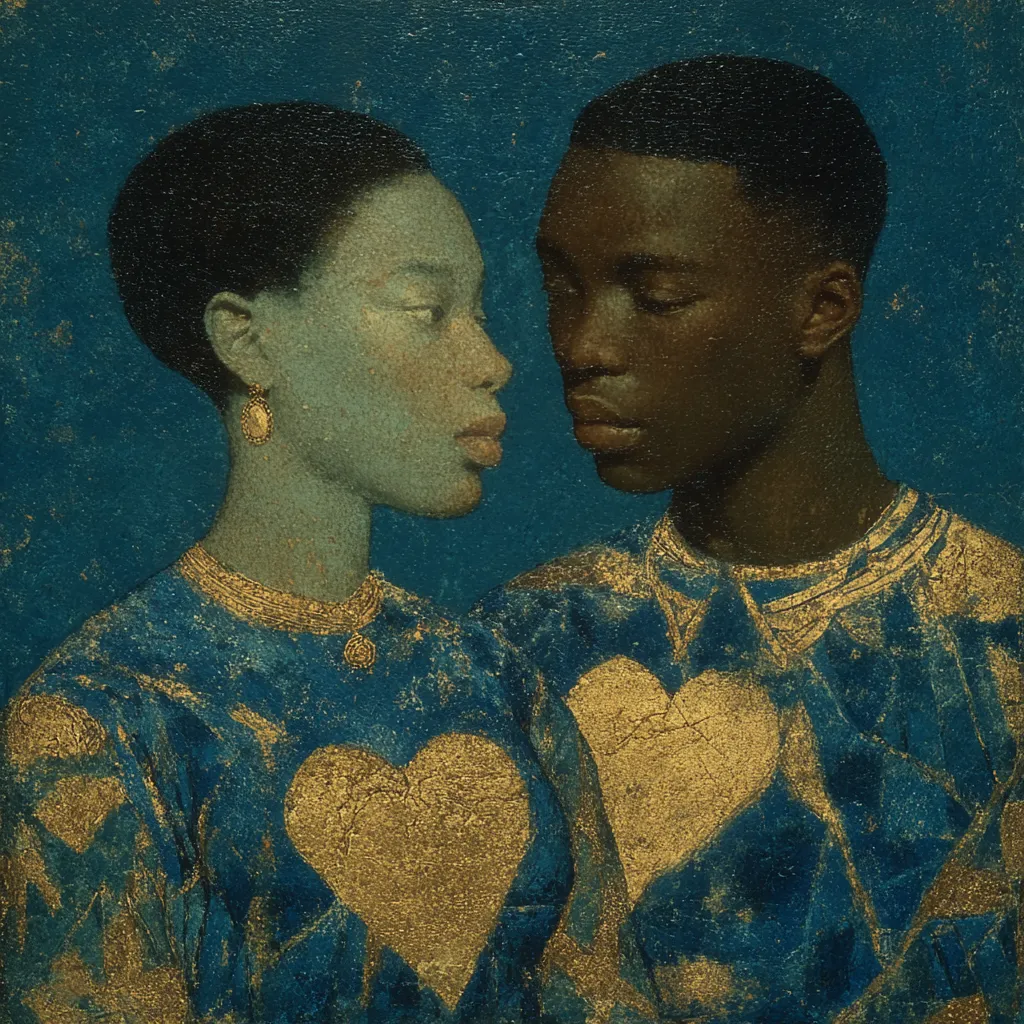 Retrato de una mujer y un hombre de piel oscura con aretes dorados, ambos con un corazón dorado bordado en el pecho sobre ropa azul, con textura de pintura agrietada y envejecida sobre fondo verde azulado.