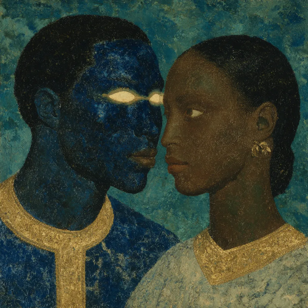 Retrato de un hombre de piel azul oscura con los ojos completamente blancos y brillantes, vestido con una túnica azul con cuello dorado, junto a una mujer de piel oscura con arete dorado y túnica blanca con bordes dorados, sobre fondo verde azulado texturizado.