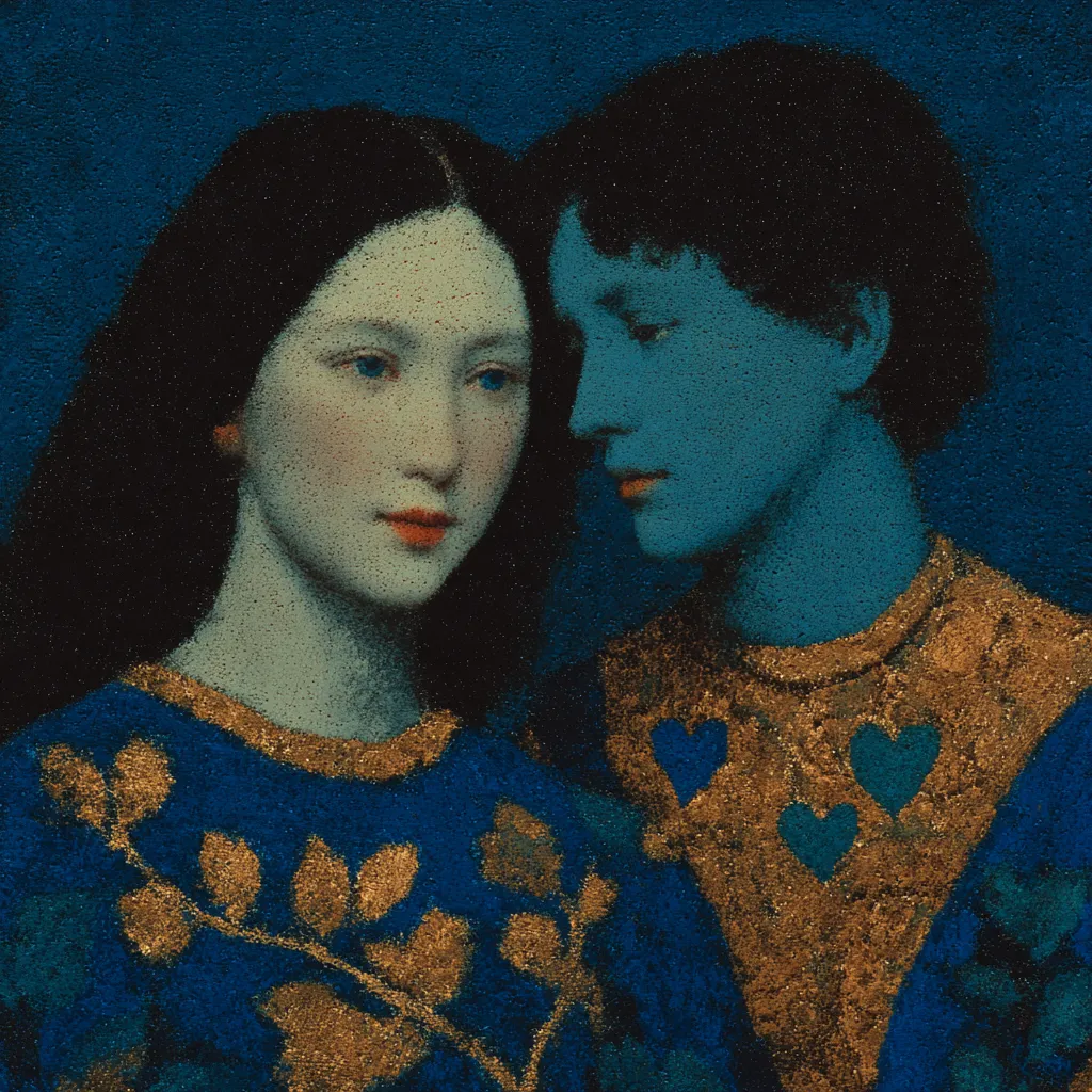 Retrato de una mujer de piel clara y cabello oscuro con vestido azul de ramas doradas, junto a un hombre de piel azulada con prenda azul y cuello dorado decorado con pequeños corazones, sobre fondo azul oscuro.