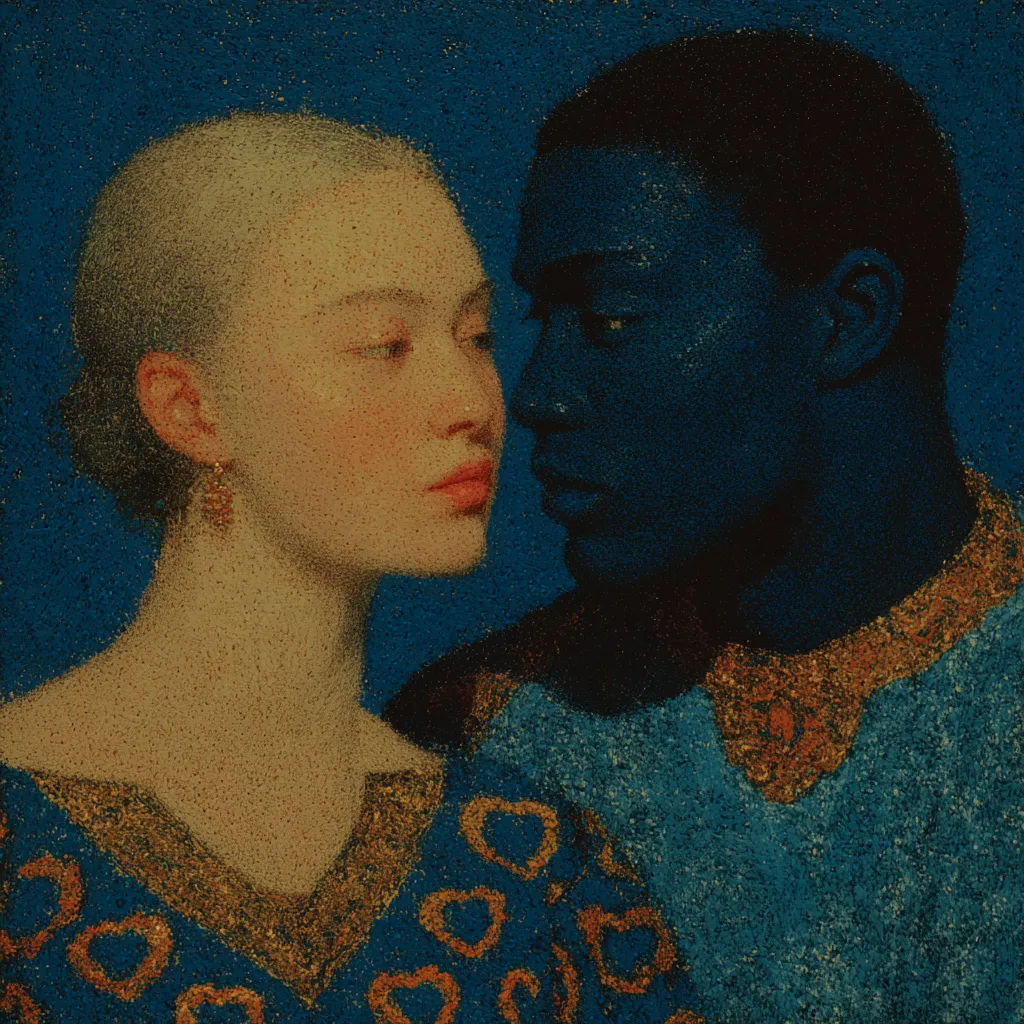Retrato de una mujer de piel clara y cabello rubio claro con vestido azul cubierto de pequeños corazones dorados, junto a un hombre de piel muy oscura con cuello dorado decorado también con corazones, sobre fondo azul oscuro.