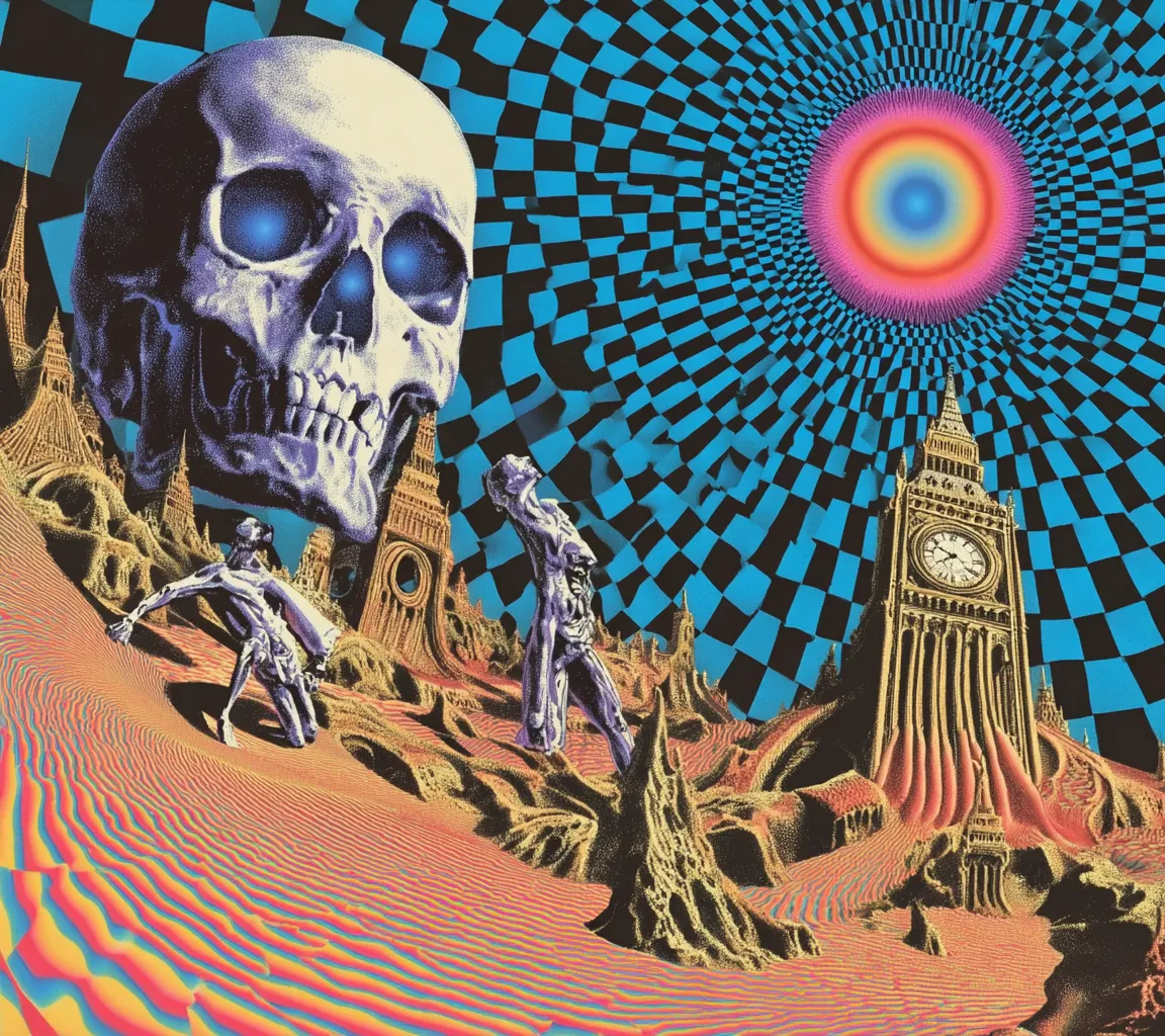 Paisaje psicodélico con una calavera gigante de ojos azules flotando sobre un cielo a cuadros, un sol en espiral de colores, dos figuras con armadura caminando sobre un suelo de rayas de colores hacia una torre de reloj.