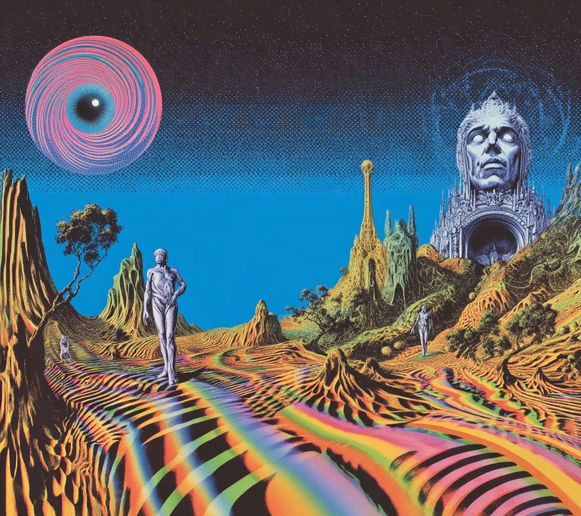 Paisaje psicodélico con un rostro humano tallado en una formación rocosa a la derecha, un remolino rosado y azul en el cielo a la izquierda, y una figura solitaria caminando sobre un suelo de rayas de colores.