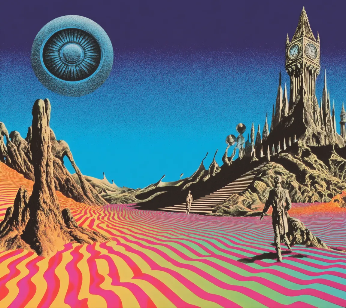 Paisaje psicodélico con una torre de reloj ornamentada a la derecha, un remolino azul en forma de luna a la izquierda, una escalera tallada en la roca y una figura pequeña caminando sobre un suelo de rayas de colores.