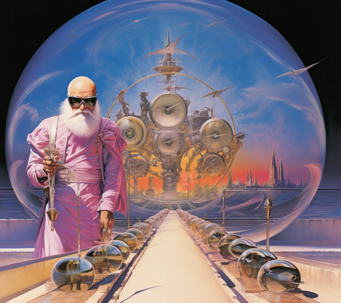 Hombre calvo con túnica rosa y gafas oscuras, sosteniendo un bastón, de pie sobre un camino bordeado de esferas oscuras, dentro de una cúpula de cristal con un enorme mecanismo de relojes dorado detrás y una ciudad al atardecer al fondo.
